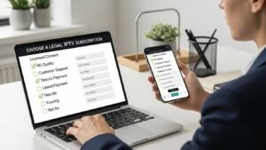 Utilizator care alege un abonament IPTV legal în România folosind criterii de siguranță și calitate