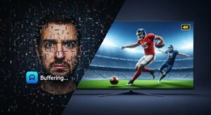 Comparație vizuală între un serviciu IPTV instabil cu buffering și un serviciu stabil, cu imagine 4K clară.