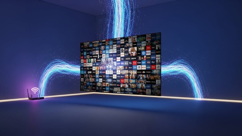 O imagine conceptuală a tehnologiei IPTV, arătând fluxuri de date digitale care intră într-un ecran de televizor modern, simbolizând livrarea divertismentului prin internet.