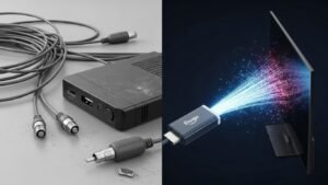 Comparație vizuală între cablu TV vechi și tehnologia modernă IPTV prin internet rapid.