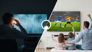 Comparație între un serviciu IPTV instabil, cu imagine blocată în timpul unui meci (stânga), și un serviciu IPTV de calitate, cu imagine clară și fluidă (dreapta).