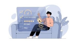O ilustrație care arată pașii pentru alegerea unui abonament IPTV: verificarea vitezei la internet, citirea recenziilor, compararea prețurilor și solicitarea unui test gratuit.