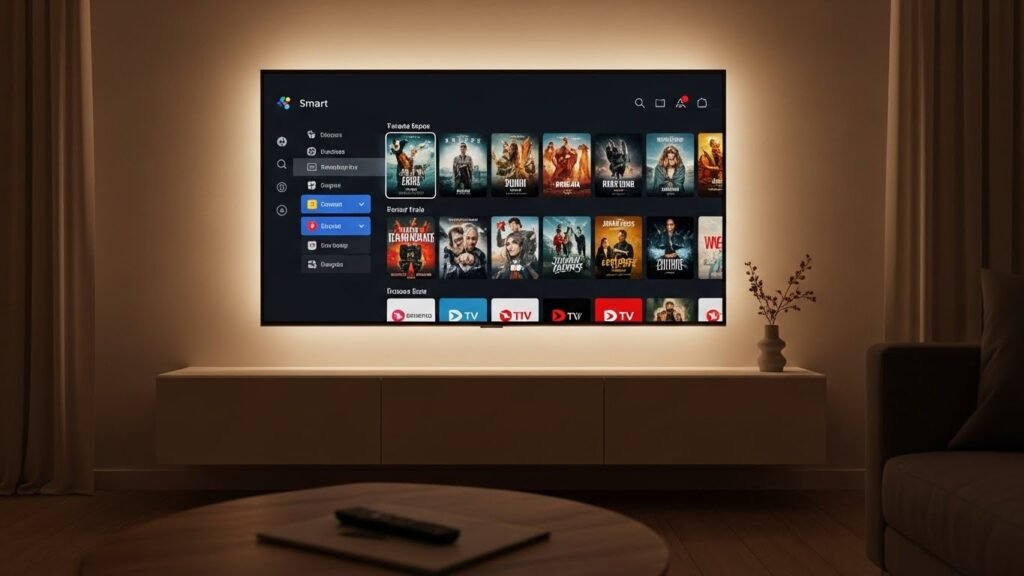 Smart TV in living room displaying a serviciu IPTV Romania interface.