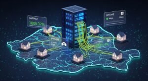 Infrastructură IPTV cu servere, latență și bitrate ilustrate vizual.