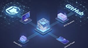 Un render 3D care arată cum o listă M3U de pe GitHub este distribuită și configurată pe o Smart TV, un TV Box și un smartphone.