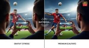 Comparație vizuală între calitatea slabă a unui iptv gratuit și calitatea 4K a unui abonament m3u iptv premium.