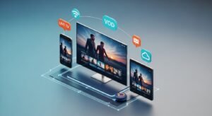O compoziție 3D cu un Smart TV, o tabletă și un smartphone, toate redând același conținut video sincronizat, ilustrând flexibilitatea serviciului IPTV.