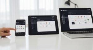 Un smartphone, o tabletă și un laptop afișând simultan aceeași aplicație IPTV player configurată, ilustrând versatilitatea sincronizării.