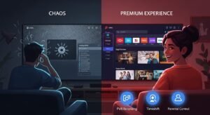 Ilustrație 3D izometrică prezentând procesul de încărcare a unei liste M3U într-un software de tip IPTV player.