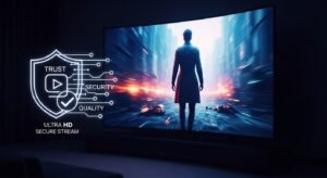 Un logo simbolic abstract de securitate suprapus peste un ecran de televizor premium care rulează un flux IPTV 4K stabil, reprezentând legalitatea și siguranța.