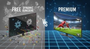 Ilustrație conceptuală care compară un flux IPTV gratuit instabil, cu pixeli și buffering (stânga), și o conexiune IPTV premium stabilă, de înaltă definiție (dreapta).