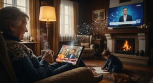 Vizualizare abstractă a fluxului de date dintr-o listă M3U Magyar IPTV care se transformă în proiecții holografice de evenimente sportive live.