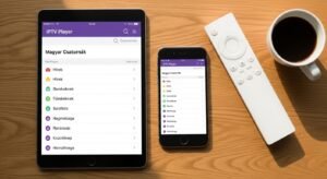 O tabletă și un smartphone afișând lista de canale M3U pentru Magyar IPTV lângă o telecomandă de Smart TV.