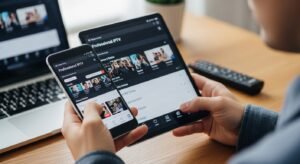 O persoană care utilizează o aplicație IPTV pe smartphone și tabletă, demonstrând flexibilitatea dispozitivelor.
