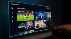 O colecție de dispozitive compatibile cu IPTV Smarters Pro, inclusiv telefon, tabletă, TV box și Firestick.