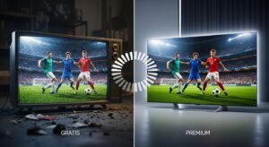 Comparație vizuală între calitatea slabă a IPTV-ului gratuit și calitatea 4K a unui abonament IPTV premium.