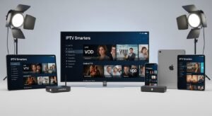 O colecție de dispozitive electronice, inclusiv un Smart TV, Android Box, Fire Stick, tabletă și smartphone, toate rulând aceeași aplicație de playlist IPTV, demonstrând compatibilitatea multi-platformă.