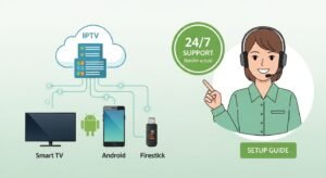 Infografic arătând configurarea IPTV Magyar pe Smart TV, telefon și Firestick cu suport tehnic 24/7.
