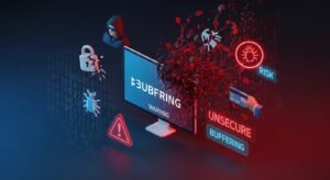 Ilustrație digitală care arată riscurile de securitate cibernetică și buffering-ul la IPTV gratuit.