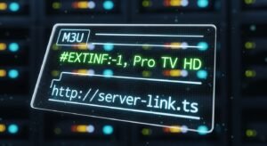 O reprezentare grafică holografică a liniilor de cod dintr-un fișier tekst M3U, arătând legătura dintre link-urile de server și numele canalelor TV dintr-un playlist IPTV.