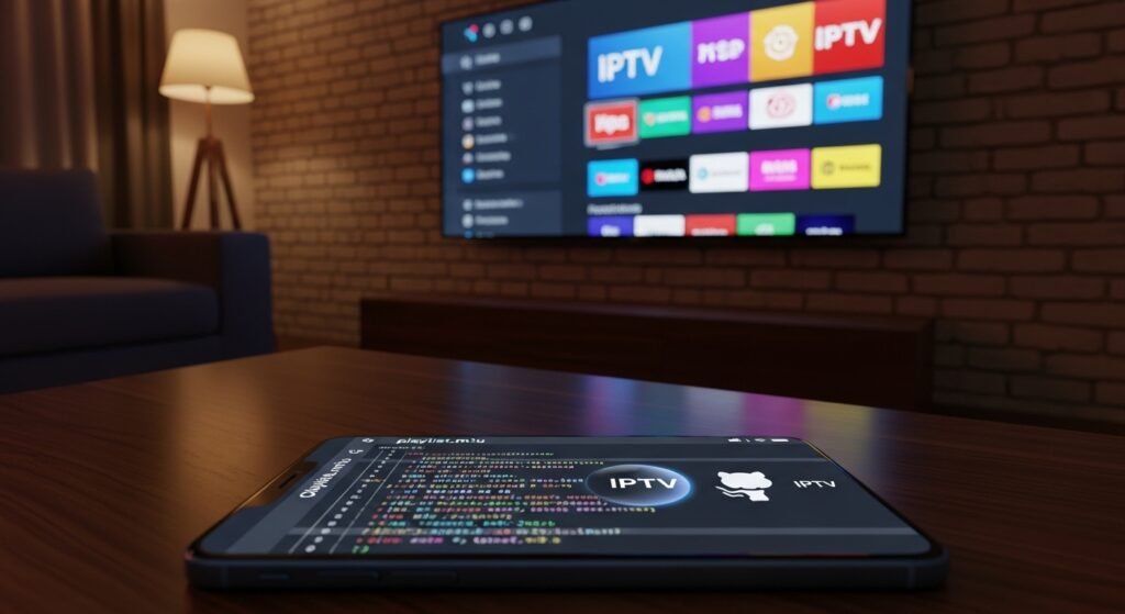 O Smart TV afișează o interfață IPTV premium într-o cameră de zi, în timp ce un telefon din prim-plan arată codul unei liste M3U GitHub.