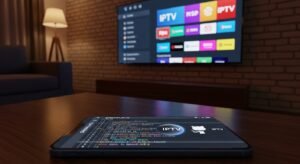 O Smart TV afișează o interfață IPTV premium într-o cameră de zi, în timp ce un telefon din prim-plan arată codul unei liste M3U GitHub.