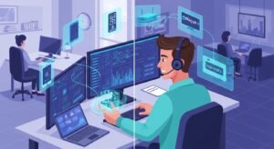 Un specialist IT oferind suport tehnic pentru configurarea Magyar IPTV pe diverse dispozitive precum telefon, tabletă și Smart TV.