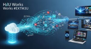Diagramă conceptuală care arată modul în care un fișier de text m3u iptv se transformă în streaming video pe mai multe dispozitive.