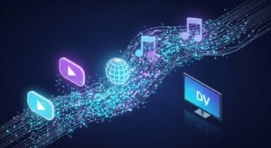 Ilustrație conceptuală reprezentând fluxul de date digitale și varietatea de conținut media prin internet.