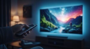 O mână ținând o telecomandă în fața unui televizor mare care afișează o imagine 8K ultra-clară, simbolizând alegerea unui serviciu IPTV premium.