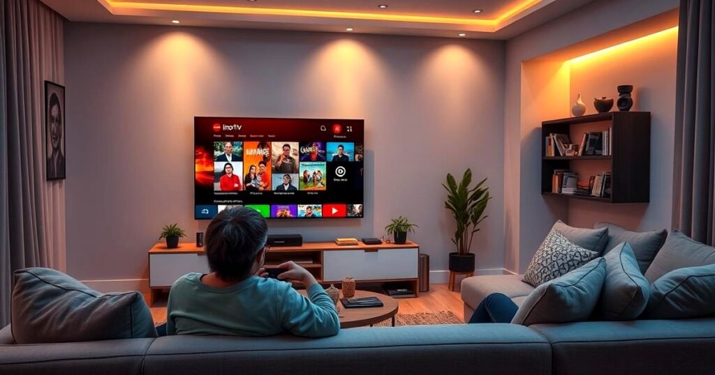 Imagine de titular pentru free iptv, care arată o persoană confortabilă vizualizând IPTV pe un smart TV