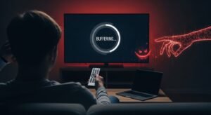 Un utilizator frustrat privind un ecran de televizor blocat la "Buffering", sugerând instabilitatea listelor M3U gratuite.