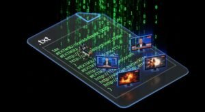 Vizualizare 3D conceptuală a unui fișier text M3U din care ies holograme cu diverse canale TV în direct.