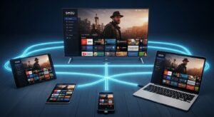 Un Smart TV, o tabletă, un smartphone și un laptop, toate afișând aceeași listă de canale IPTV M3U, sincronizate.