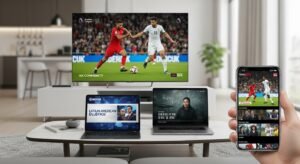 Un Smart TV mare, o tabletă pe o masă, un smartphone în mână și un laptop deschis, toate afișând simultan un meci de fotbal diferit și canale de știri din țări diferite, în aceeași cameră.