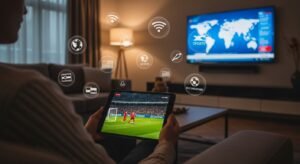 A person enjoying IPTV content on a tablet and a large TV simultaneously in a modern living room, symbolizing mobility and variety.