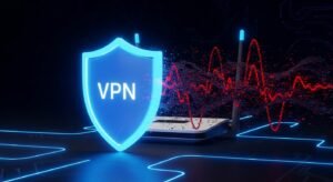 Un scut digital reprezentând un VPN care protejează un router de internet împotriva amenințărilor cibernetice și a monitorizării