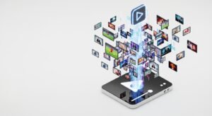 Ilustrație conceptuală care arată transformarea datelor digitale și a link-urilor M3U în fluxuri video live.