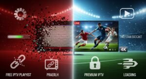 O comparație vizuală pe ecran divizat între o transmisie IPTV gratuită, instabilă, cu buffering și o transmisie premium, clară, 4K.