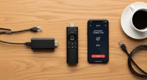 A minimalist arrangement of a streaming stick, a smartphone with an IPTV app, and a remote, illustrating the simple installation process.