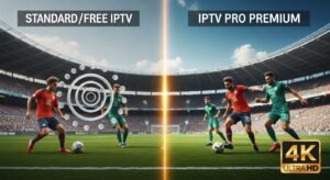 O comparație vizuală pe ecran divizat între o transmisie IPTV standard, pixelată și cu buffering, și o transmisie IPTV Pro, clară, 4K și fluidă.