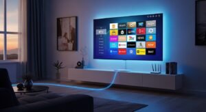 Mai multe dispozitive (laptop, smartphone, tabletă) afișând simultan conținut video prin IPTV, demonstrând flexibilitatea serviciului.