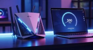 Un router performant și un laptop afișând un test de viteză pentru xtream iptv.