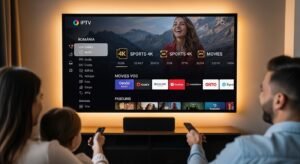 O interfață IPTV premium, organizată și clară (4K), afișată pe un televizor mare într-un home theater luxos.