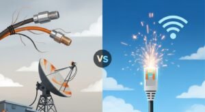 Ilustrație conceptuală care compară cablurile TV tradiționale și antena satelit cu tehnologia modernă de streaming prin internet și Wi-Fi.