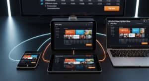 Un Smart TV, o tabletă, un smartphone și un laptop, toate sincronizate și afișând aceeași interfață a aplicației IPTV Pro.