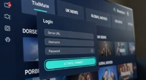 O imagine de prim-plan (close-up) cu ecranul unui Smart TV afișând o interfață de utilizator (UI) premium și curată a unei aplicații IPTV, arătând secțiunea de logare Xtream Codes cu câmpurile URL, Username și Password.